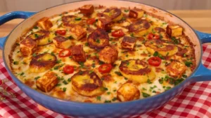 Arroz Cremoso com Carne Seca Gratinado, Uma Delícia com Queijo e Banana da Terra