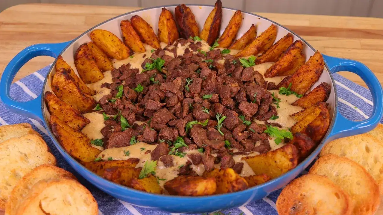 Aperitivo de Carne com Batata Rústica e Creme de Queijo para Servir em Família