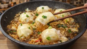 Bolinhos de arroz com kani na frigideira com papel de arroz e queijo