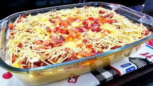 Filé de Frango de Travessa Cremoso com Milho, Bacon e Queijo para o Almoço em Família