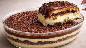 Sobremesa de Travessa de Maracujá com Bolo de Chocolate e Ganache Cremosa